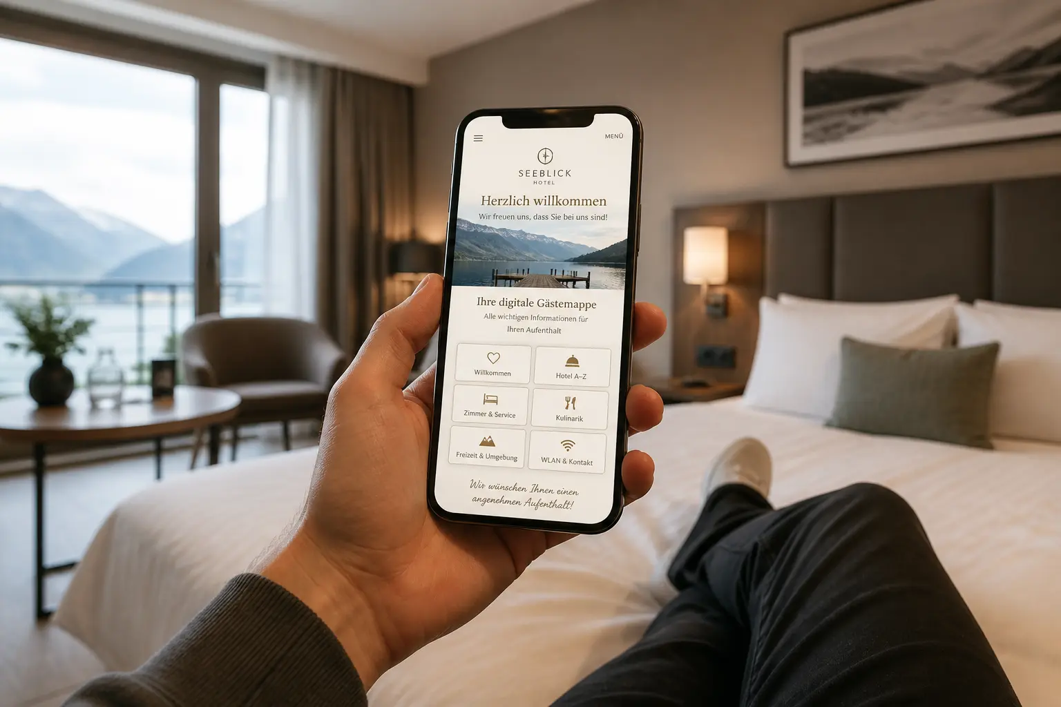 Gästemappe auf Handy im Hotelzimmer