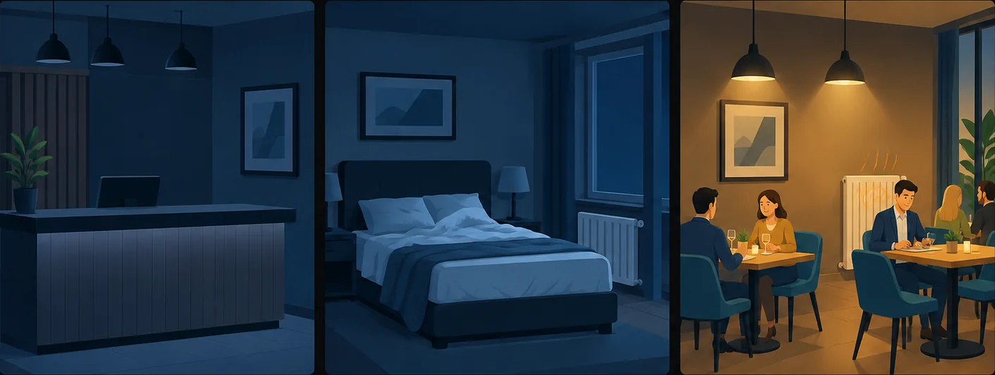 Illustration Hotel-Automatisierung: Frühstück genießen – Zimmer schaltet ab