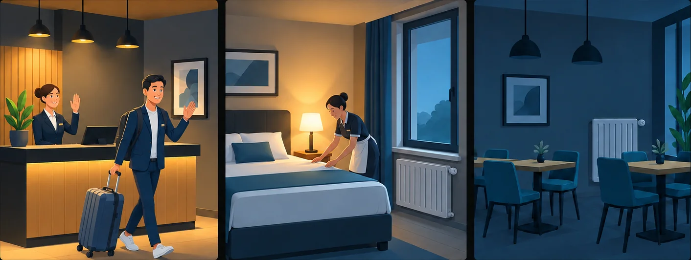Illustration Hotel-Automatisierung: Check-out – Alle Bereiche im Sparmodus