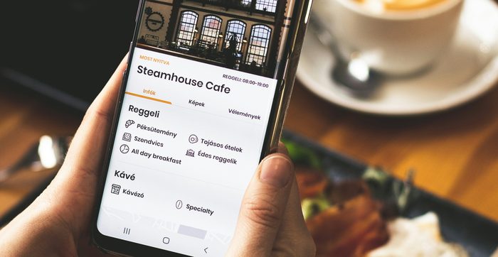 Hand hält Smartphone mit App
